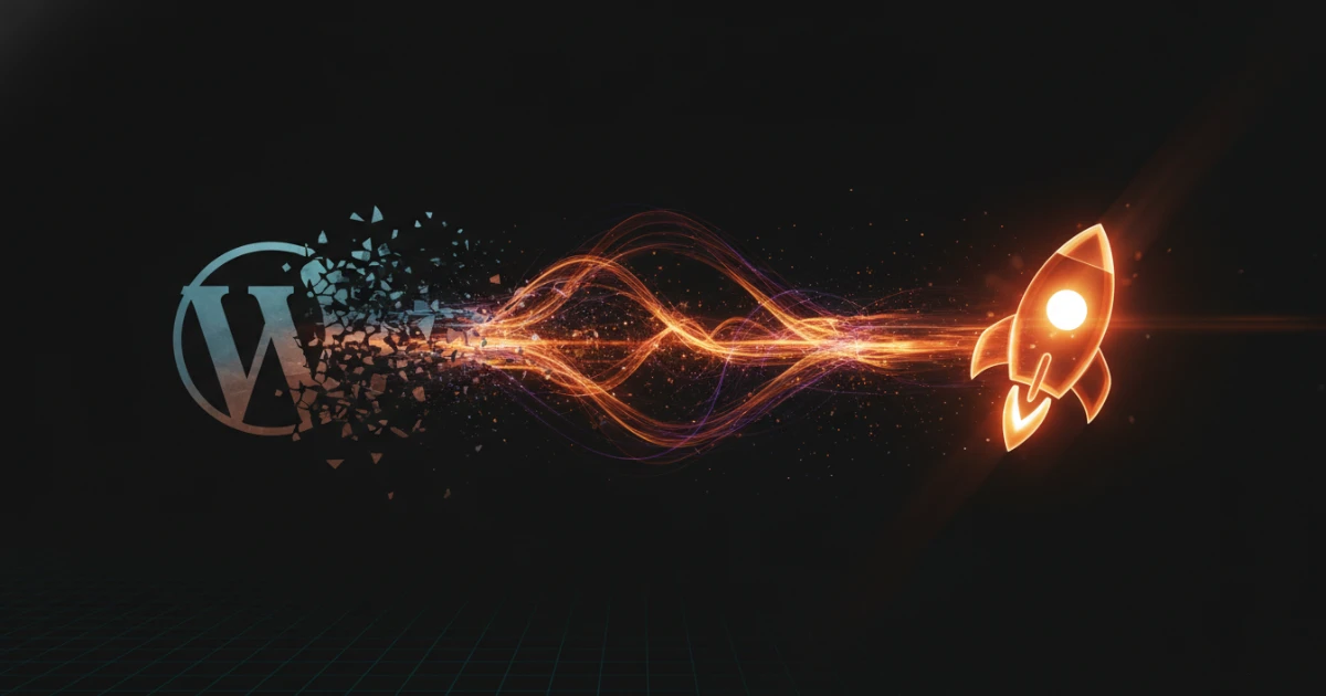 WordPress-Logo zerfällt in eine Rakete - Symbolbild für den Wechsel von WordPress zu Astro 6