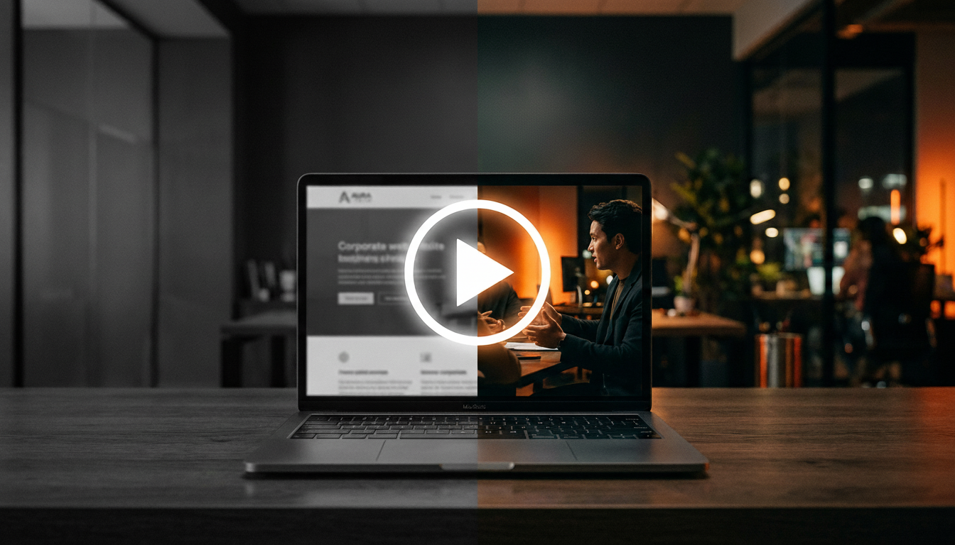 Split-Screen - Links graue austauschbare Website, rechts cinematic Brand Video mit Play-Button und warmem orangem Licht